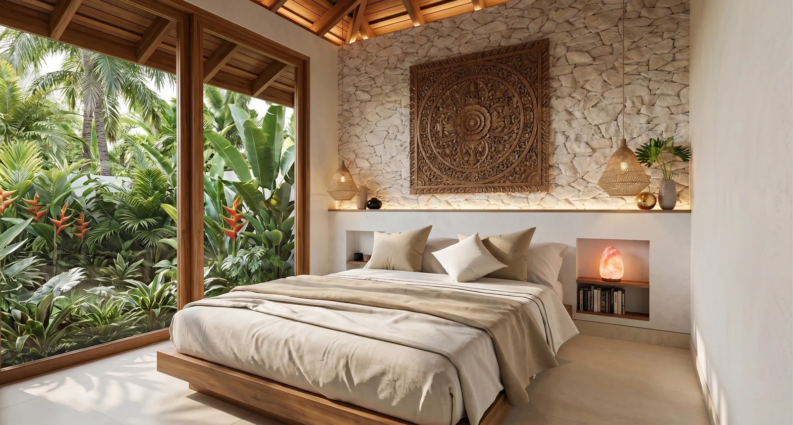 Villa Temple: interior de techos altos y materiales locales (render del proyecto)