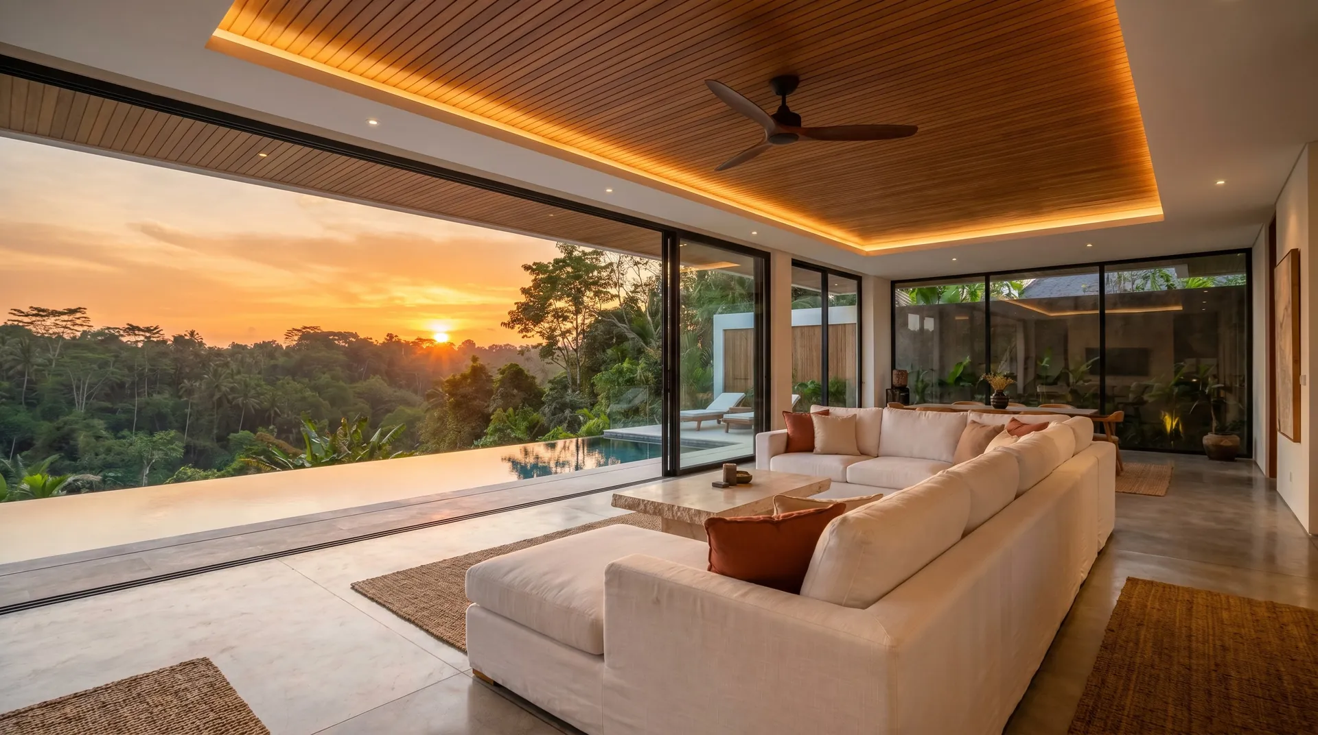 Salón abierto al océano al atardecer en una villa de la costa oeste