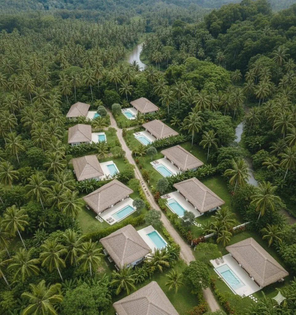 Vista aérea del conjunto de villas integrado en el entorno tropical
